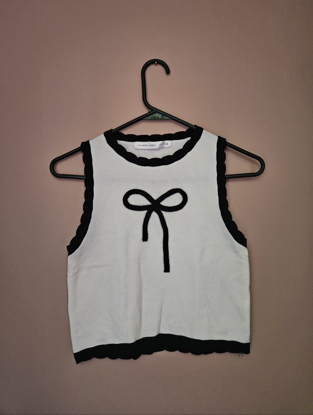 Altar'd State Knit Tank Top Small White With Black Trim And Bow